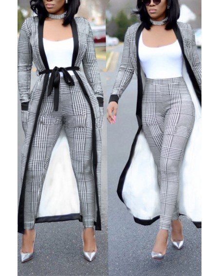Lovely Casual Grid Printed Grey Knitting Two-piece Pants Set(Without T-shirt)