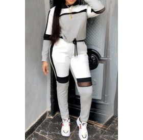 Lovely Sportswear Hooded Collar Patchwork Grey Two-piece Pants Set