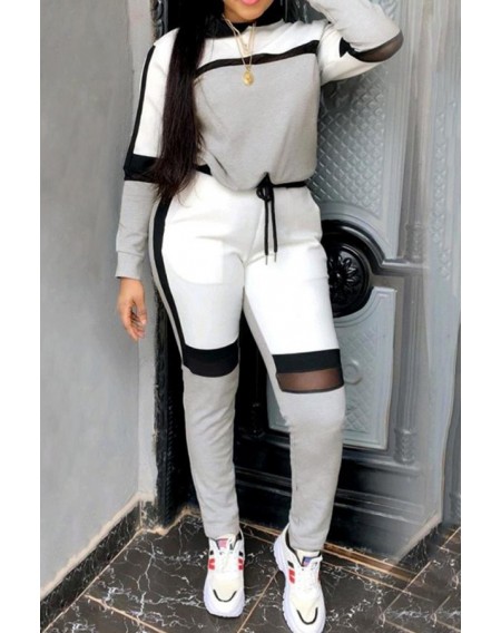 Lovely Sportswear Hooded Collar Patchwork Grey Two-piece Pants Set