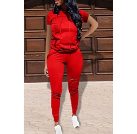 Lovely Casual Hooded Collar Broken Holes Red Two-piece Pants Set