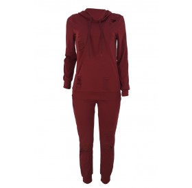 Lovely Casual Hooded Collar Broken Holes Wine Red Two-piece Pants Set