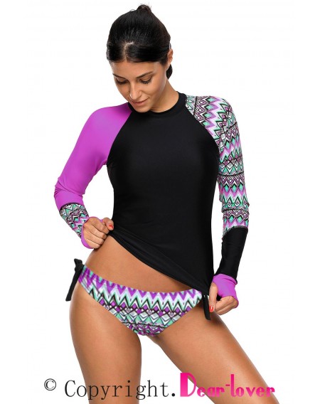 Contrast Purple Detail Long Sleeve Tankini Swimsuit