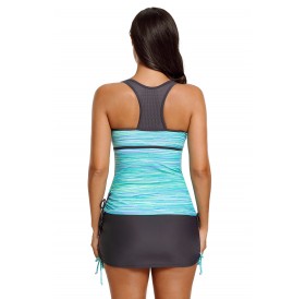 Greenish Filtered Stripe Mesh Racherback Tankini Swimsuit
