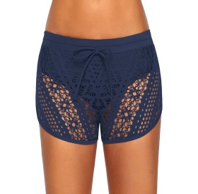 Blue Hollow Out Lace Overlay Swim Short Bottom