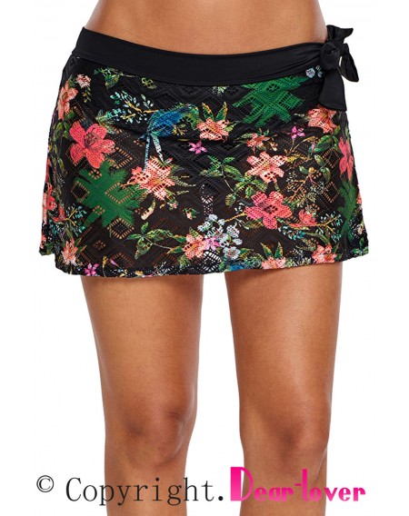 Black Floral Print Lacy Swim Skirt