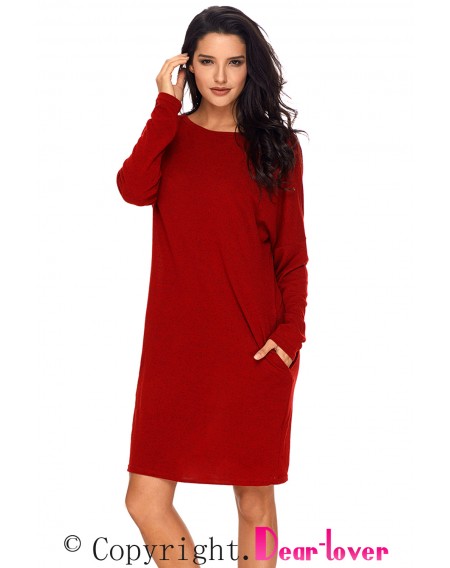 Red Pocketed Loose Fit Dress