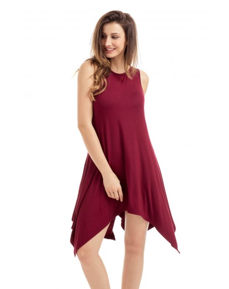 Burgundy Draped Asymmetric Hemline Sleeveless Jersey Dress