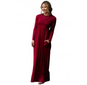 Burgundy Long Sleeve High Waist Maxi Jersey Dress