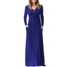 Royal Blue V Neck Pocket Style Long Jersey Dress