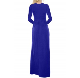 Royal Blue V Neck Pocket Style Long Jersey Dress