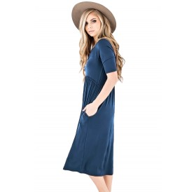 Blue Half Sleeve Jersey Knit Midi Dress