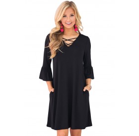 Black Crisscross V Neck Quarter Sleeve Short Jersey Dress