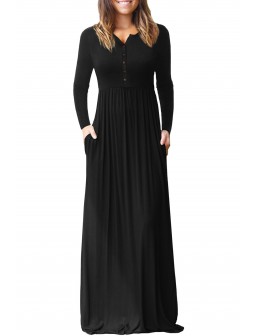 Black Long Sleeve Button Down Casual Maxi Dress