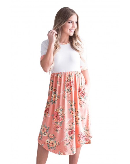 Peach Floral Skirt T-shirt Midi Dress