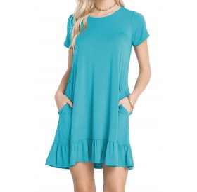 Blue Short Sleeve Draped Hemline Casual Shirt Dress