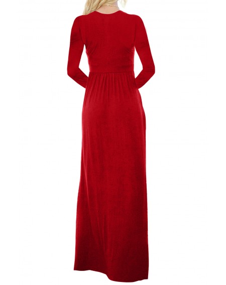 Red Long Sleeve Button Down Casual Maxi Dress