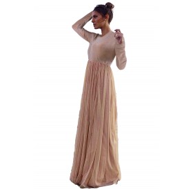 Long Sleeve Sequin Bodice Cocktail Wedding Party Maxi Dress