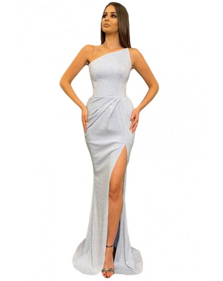 White One-shoulder Metallic Maxi Dress with Slit
