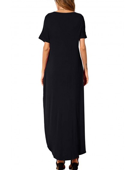 Black Casual Loose Pocket Short Sleeve Split Maxi Dress
