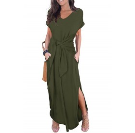 Green Casual Loose Pocket Short Sleeve Split Maxi Dress