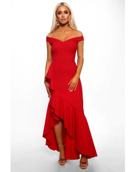 Red Off The Shoulder Frill Detail Maxi Dress