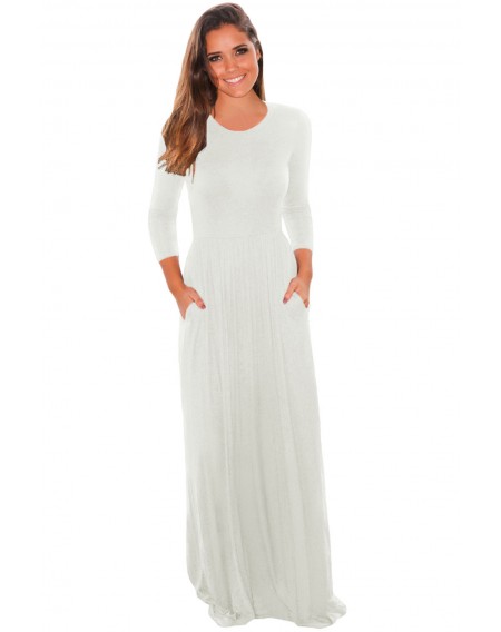 White Pocket Design 3/4 Sleeves Maxi Dress