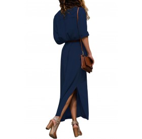 Dark Blue Slit Maxi Shirt Dress with Sash