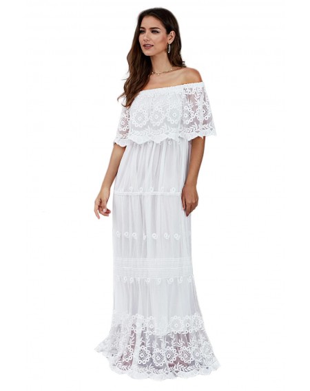 White Flower Child Off The Shoulder Lace Maxi Dress
