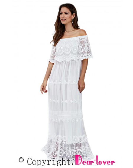 White Flower Child Off The Shoulder Lace Maxi Dress