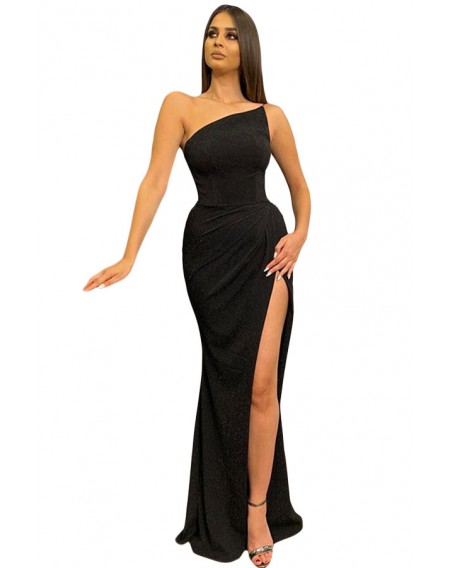 Black One-shoulder Metallic Maxi Dress with Slit