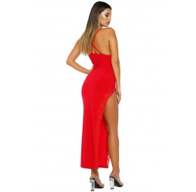 Red Side Slit Lace Trim Party Dress
