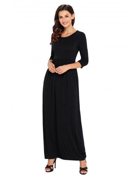 Black Pocket Design 3/4 Sleeves Maxi Dress