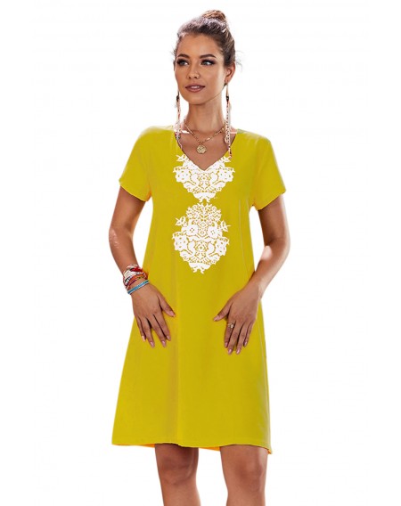 Yellow Summer Tribal Print V-Neck Shift Casual Dress