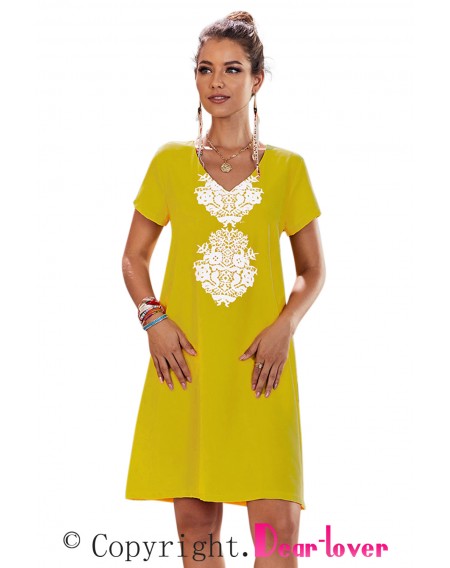 Yellow Summer Tribal Print V-Neck Shift Casual Dress