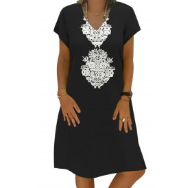 Black Summer Tribal Print V-Neck Shift Casual Dress