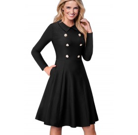 Black Double Breasted Vintage Flared Dress