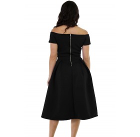 Solid Black Thick Flare Midi Vintage Dress