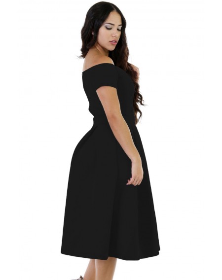 Solid Black Thick Flare Midi Vintage Dress