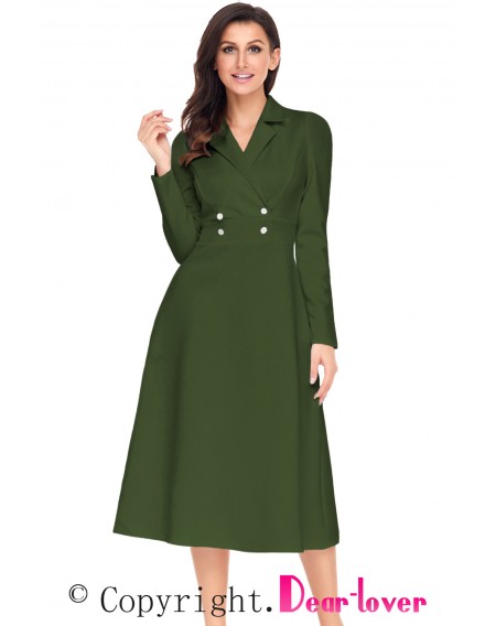 Army Green Vintage Button Collared Fit-and-flare Dress