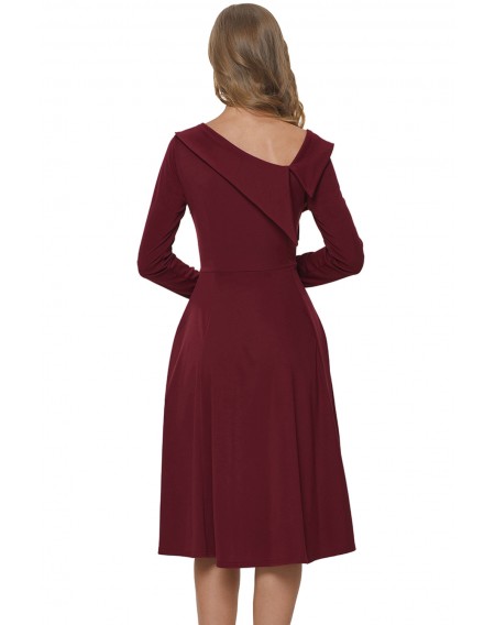 Burgundy Retro Inspired Asymmetric Collar Flared Dress