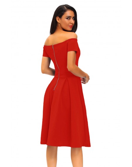 Solid Red Thick Flare Midi Vintage Dress