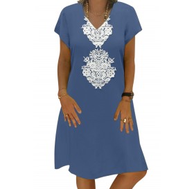 Sky Blue Summer Tribal Print V-Neck Shift Casual Dress