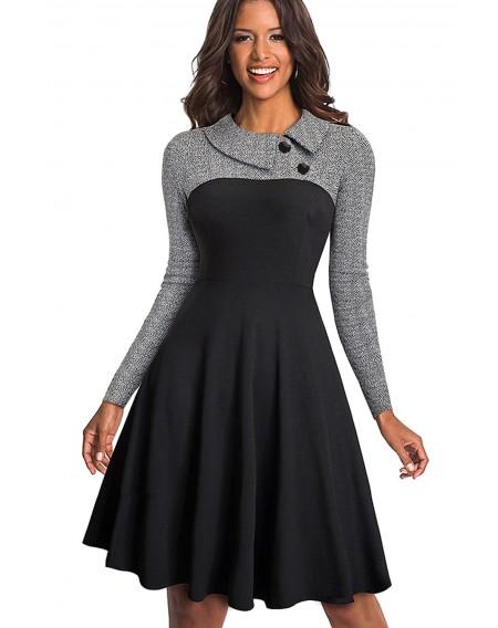 Gray Vintage Turn-Down Collar Pinup Button A-Line Dress