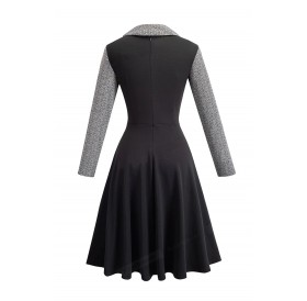Gray Vintage Turn-Down Collar Pinup Button A-Line Dress