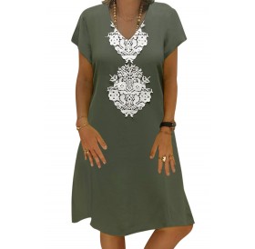 Green Summer Tribal Print V-Neck Shift Casual Dress