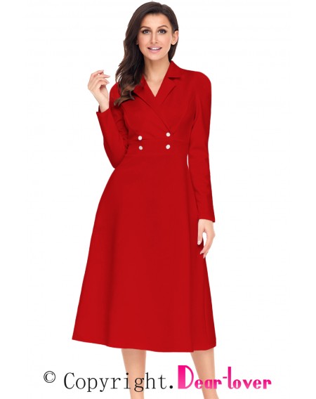 Red Vintage Button Collared Fit-and-flare Dress