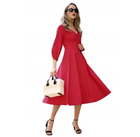Red Button Front Balloon Sleeve Vintage Dress