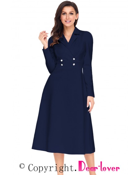 Navy Vintage Button Collared Fit-and-flare Dress