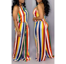 Lovely Sexy Halter Neck Striped Printed Multicolor One-piece Jumpsuit