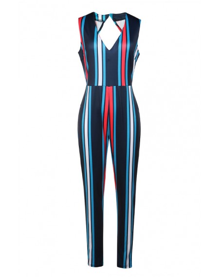 Lovely Casual Striped Dark Blue  Blending One-piece Jumpsuit